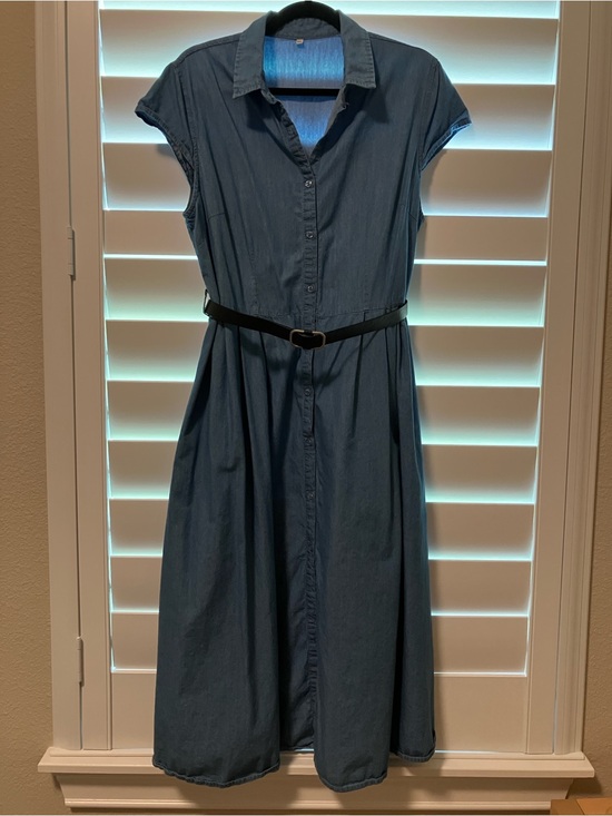 Dresses & Skirts - Chambray Shirt Dress with Belt - Blue